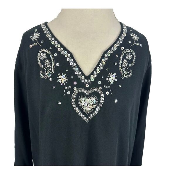 Quacker Factory Black Tunic Top Beaded Embellished Hearts n Paisley Plus Size 2X - Picture 2 of 8